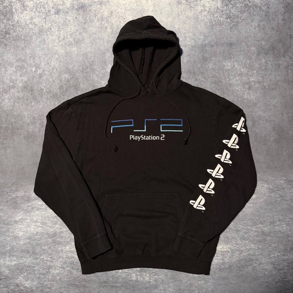 Vintage PlayStation 2 PS2 Hoodie Mens Medium Black Ripple Junction Sleeve Print